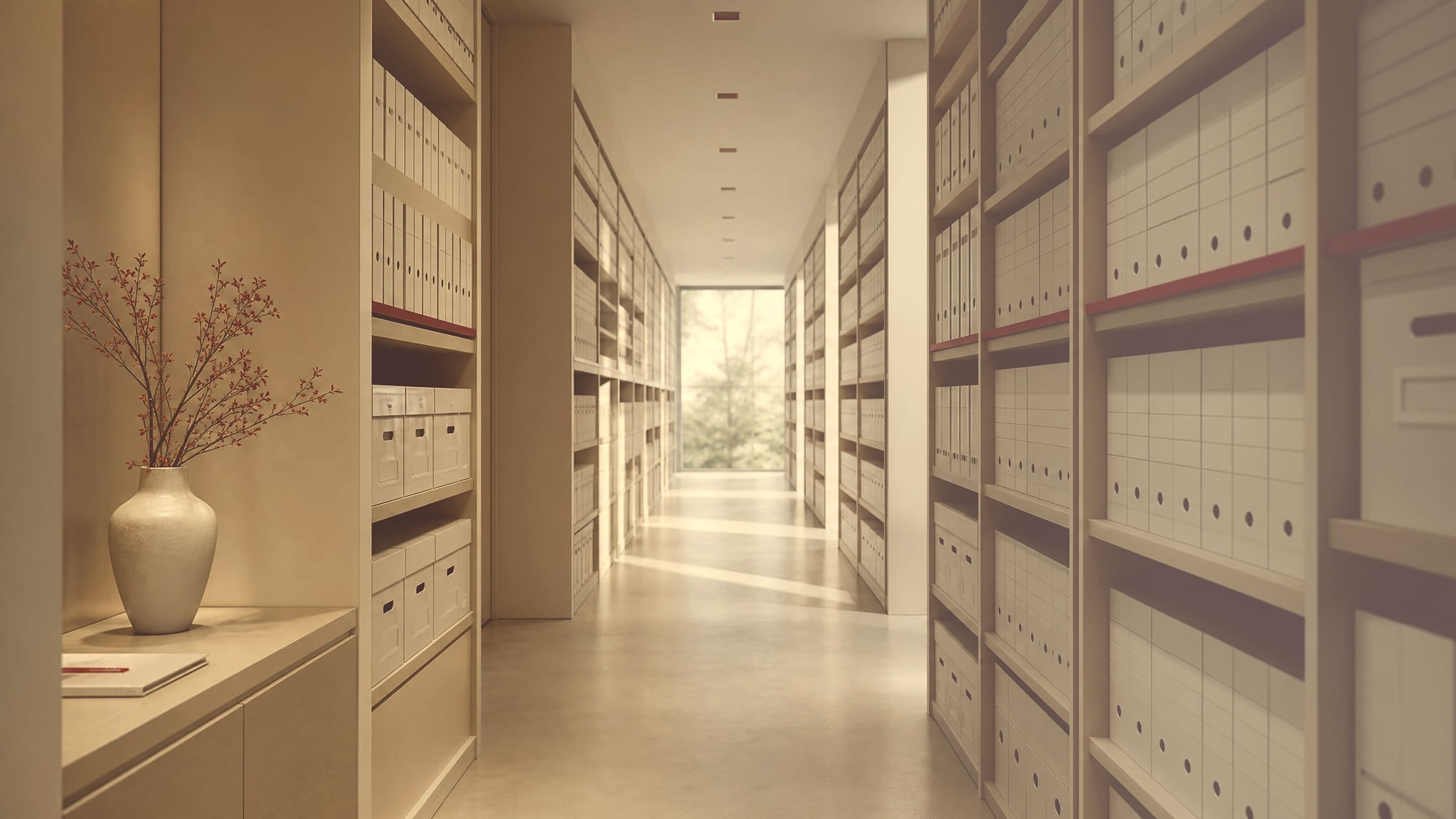 Lungo corridoio d'archivio in prospettiva