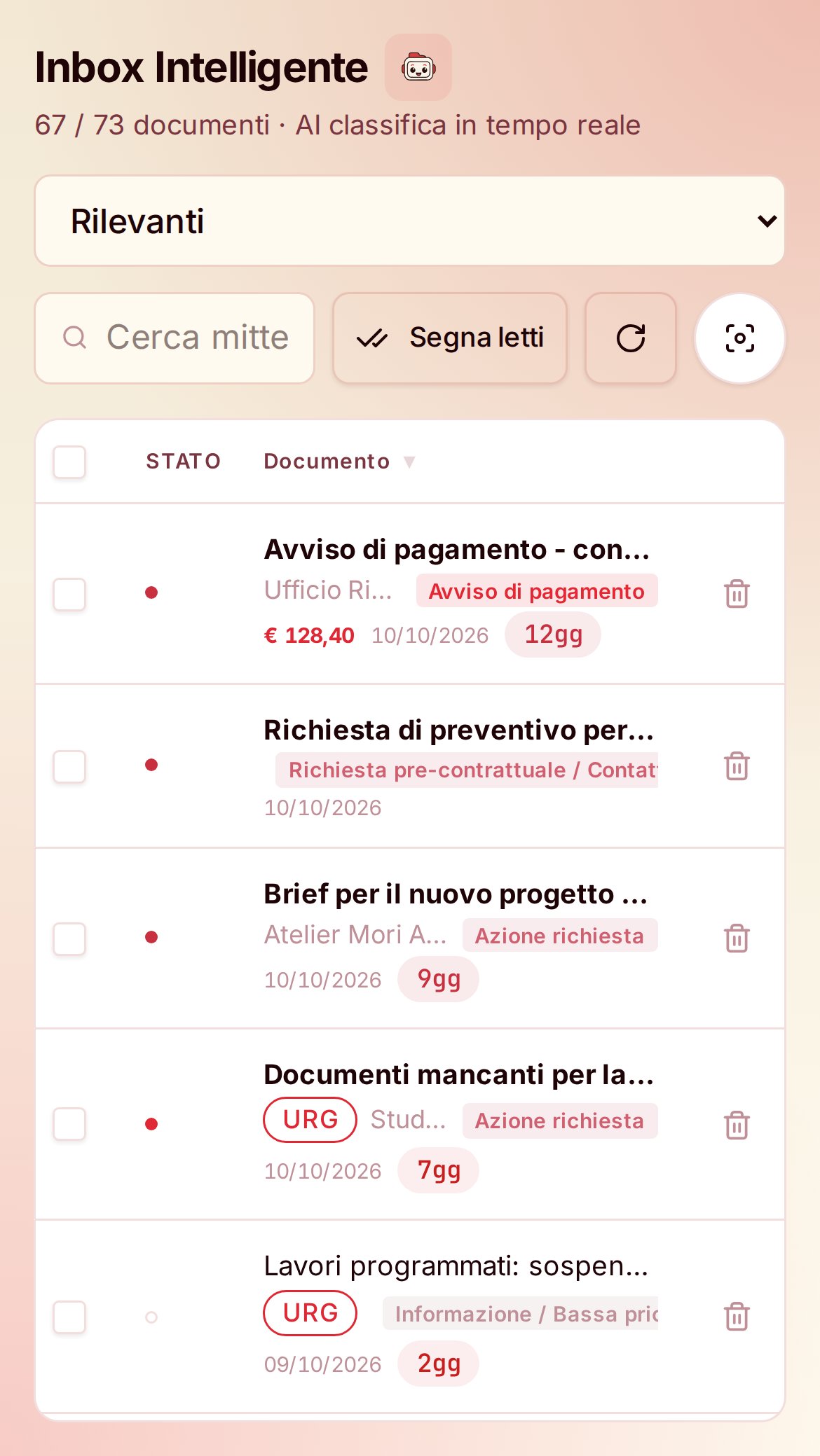 Anteprima dell'app A-ESP con dati di esempio
