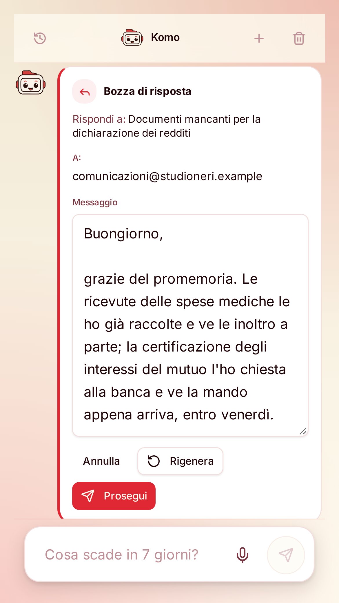Anteprima dell'app A-ESP con dati di esempio