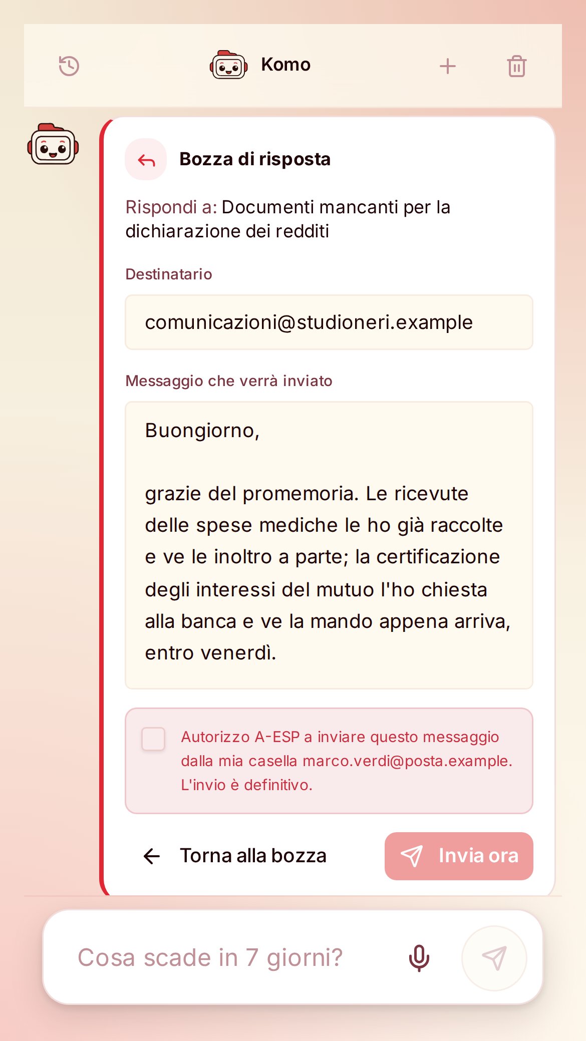 Anteprima dell'app A-ESP con dati di esempio