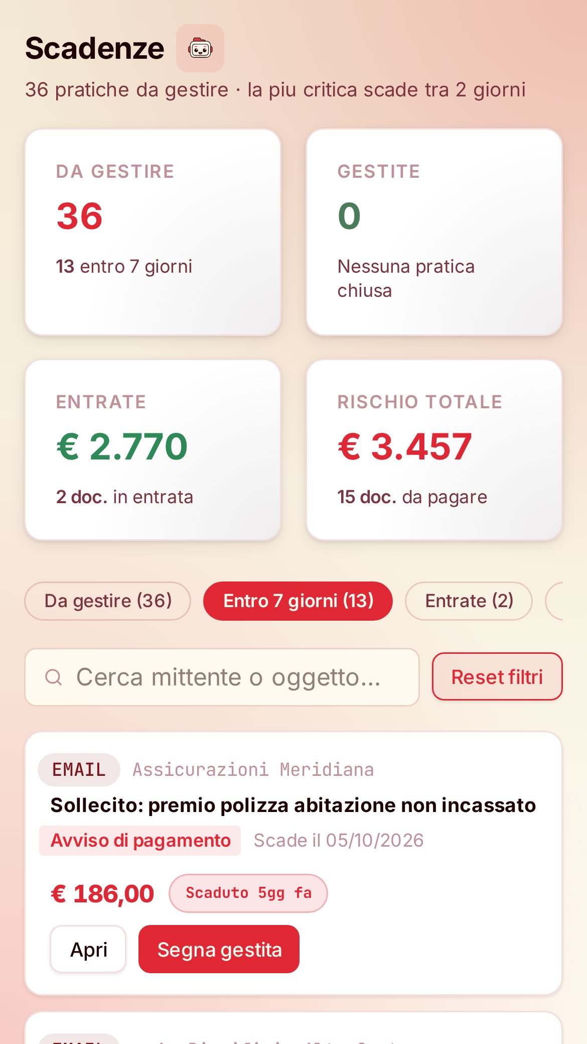 Anteprima dell'app A-ESP con dati di esempio